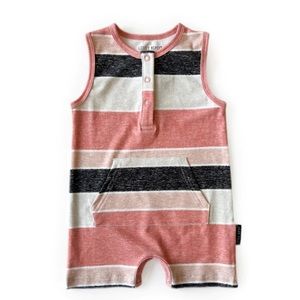 Little bipsy washed stripe shorty romper pink grey and white